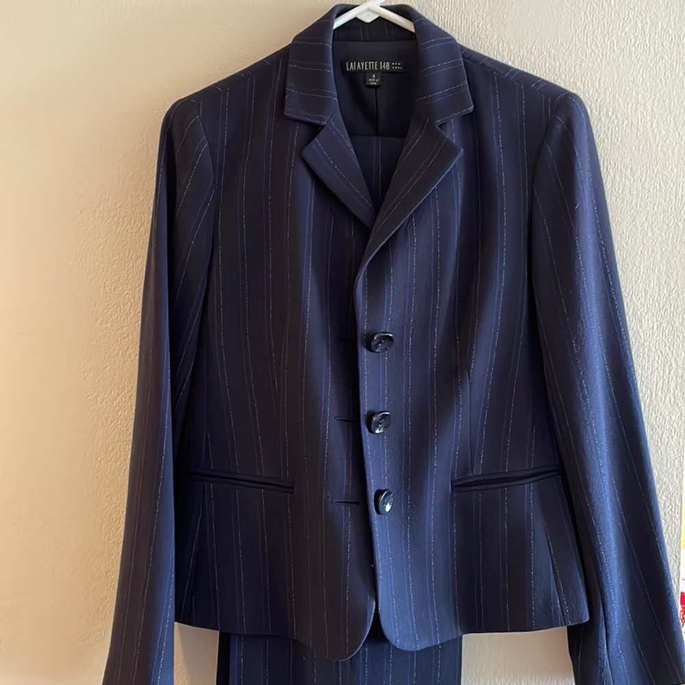 Lafayette 148. Dark blue pinstripe suit.